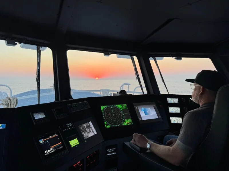 Capt. Steve Nelson Jr. at the helm of Juan Seguin during the vessel's maiden voyage to Galveston